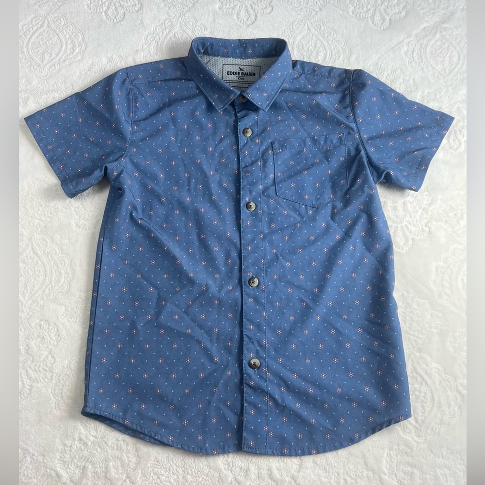 Eddie Bauer Kids Blue & Peach Short Sleeve Button Shirt Flex Stretch Quick Dry